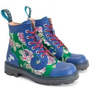 John Fluevog Blue and Green Floral Combat Boots